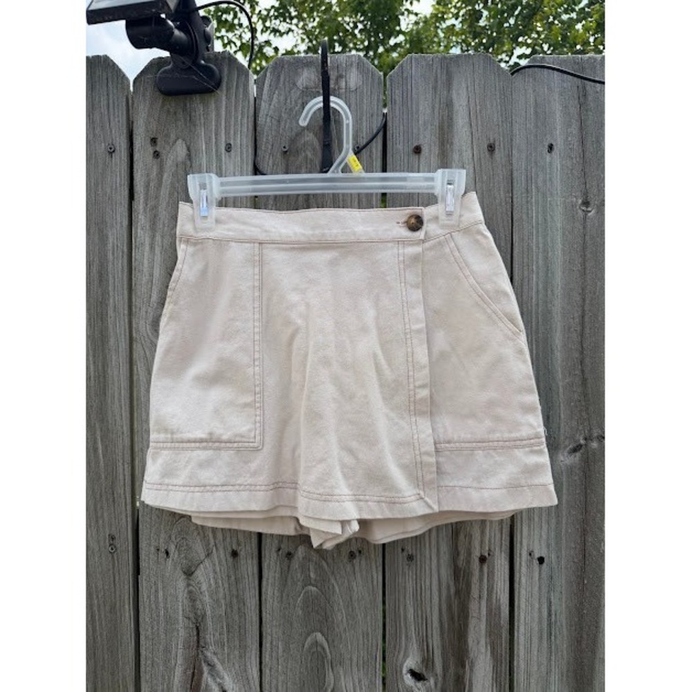 High Waisted Cotton Denim GLG Skort S Cream Wrap Front Patch Pocket Minimalist